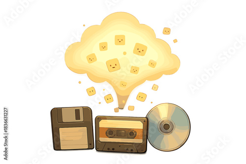 Playful Data Migration. A glowing cloud with tiny smiling bits of digital data rising from old media, playful migration concept,