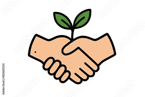 Eco-Friendly Agreement. A permission symbol represented by a handshake with a small leaf growing between the hands, cheerful and