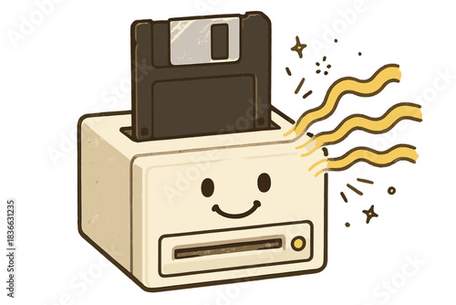 Playful Retro Tech. A floppy disk being read by a smiling vintage drive emulator, tiny doodle sparks and happy data lines flowing,