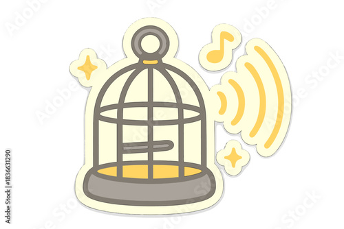 Whimsical Sound Cage. A cage emitting tiny playful sound waves, cartoonish friendly design, glowing accents, simplified forms,