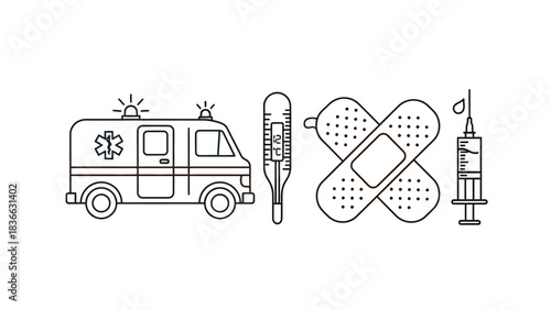 Ambulance medical health care emergency thermometer bandage syringe clinic first aid hospital treatment icon set