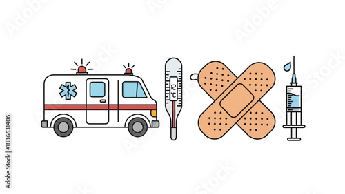 Ambulance emergency medical service healthcare thermometer bandage syringe first aid health care illustration