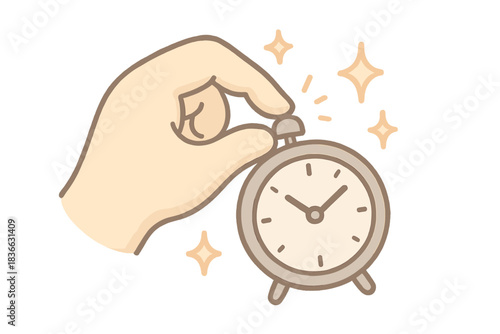Joyful Clock Adjustment. A happy hand adjusting a tiny clock dial, sparkles floating around, soft rounded doodle style, pastel