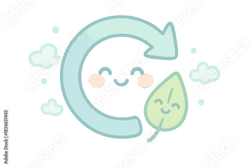 Smiling Refresh Symbol. A happy refresh symbol with mist and smiling leaf, soft rounded doodle style, pastel blue and green