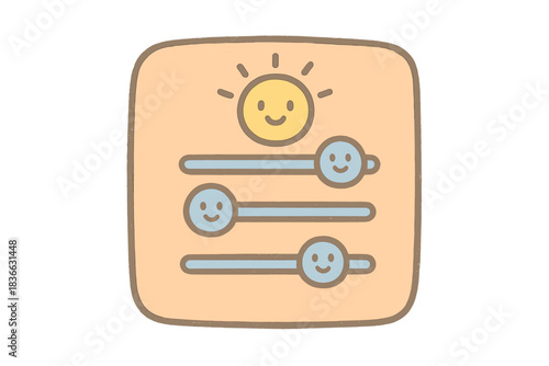 Smiling Slider Doodles. A cheerful evening light adjuster with tiny smiling sliders, soft rounded doodle style, pastel orange and