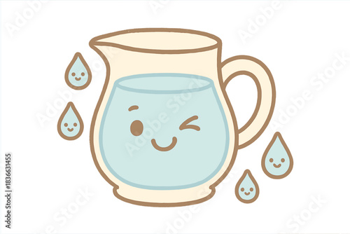 Winking Pitcher Fun. A playful refill pitcher with winking face and tiny smiling droplets, soft rounded doodle style, pastel blue