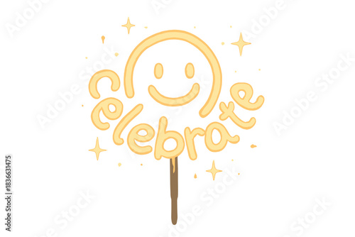 Sparkler Celebration Art. A playful sparkler creating a smiling "celebrate" symbol, tiny sparkles floating around, soft rounded