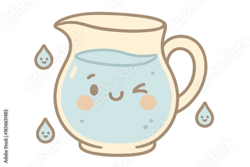 Winking Pitcher Delight. A playful refill pitcher with winking face and tiny smiling droplets, soft rounded doodle style, pastel