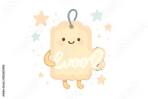 Cheerful Floating Label. A floating label with a cheerful expression, holding an unwritten word as a glowing invisible shape,