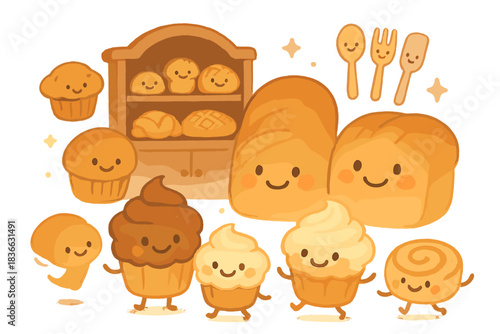 Whimsical Bakery Delights. A cute bakery scene with grinning cupcakes, cheerful bread loaves, dancing pastries, tiny smiling