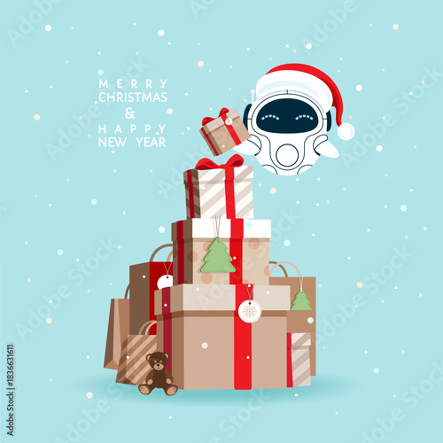 Merry Christmas and Happy New Year greeting card. Cute friendly cartoon robot in Santa hat is arranging, stacking giftboxes in shape of fir tree at snowy background. Flat vector illustration.