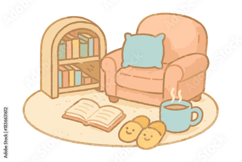 Cozy Reading Nook. A miniature reading nook with cheerful slippers, mug, and armchair, soft pastel doodle style, No text, No