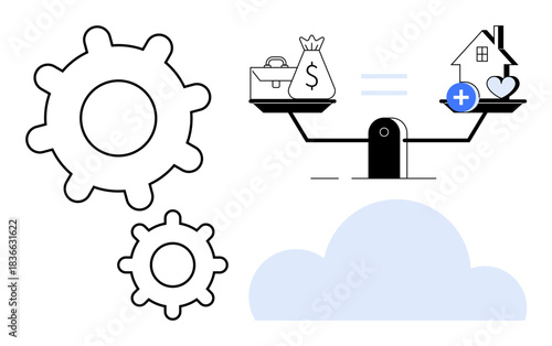 Finance concept. Finance symbols thumbs up money, a briefcase, and a scale highlighting balance with wellbeing and technology. Finance in modern decision-making. Great for tech, economy, apps, health