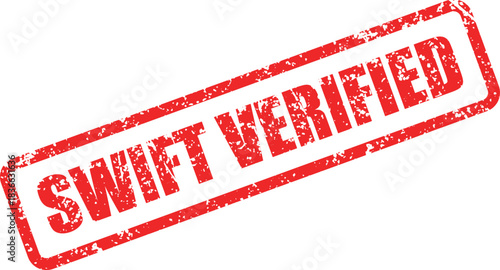 Red swift verified rectangular stamp diagonally angled shows validation on a white background