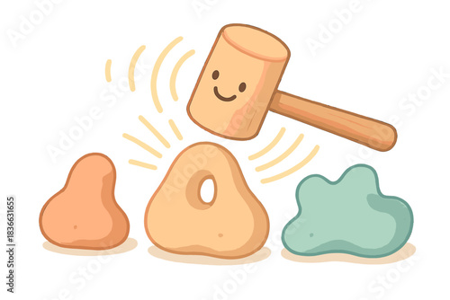 Joyful Resonance Creation. A smiling mallet striking abstract clay shapes, creating joyful resonance patterns, soft harmonious