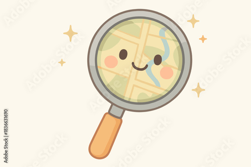 Cheerful Magnifier Adventure. A playful magnifier with a happy face revealing hidden map details, tiny sparkles around, gentle