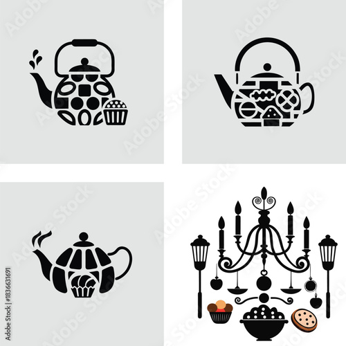 Set of decorative teapot icons vector illustration of kitchenware and sweets isolated on white background