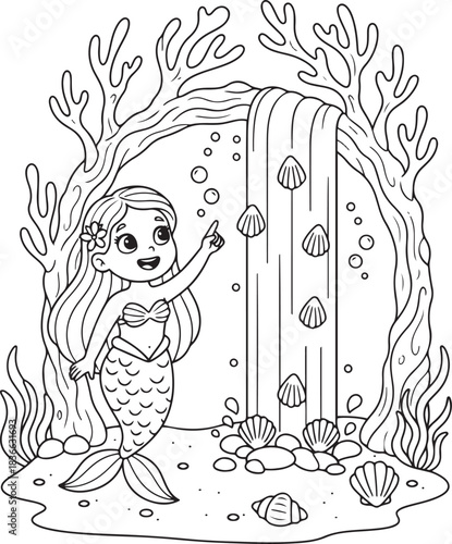 Mermaid Discovering a Shell Waterfall Coloring Page for Kids