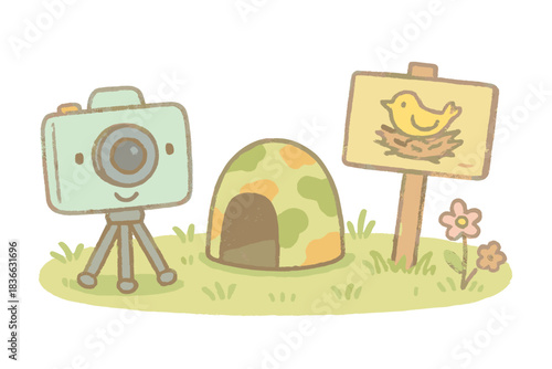 Miniature Wildlife Photography. A miniature wildlife photography scene with cheerful camera, blind, and nesting warning, soft