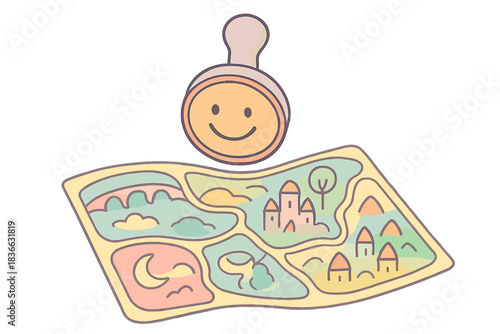 Lucid Dream Maps. A happy lucid planning stamp hovering over playful dream district maps, soft harmonious pastel palette, No text,