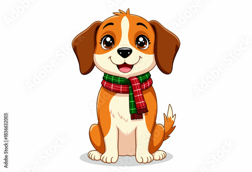 Adorable Cartoon Puppy with Floppy Ears and a Red and Green Checkered Scarf Sitting Happily on a White Background, Exuding Playful Charm