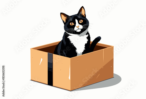 Curious Black and White Cat Playfully Sitting Inside a Cardboard Box With a Bright Expression and Vibrant Eyes