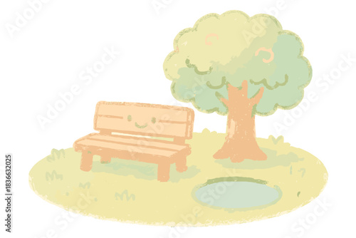 Serene Park Miniature. A miniature serene park scene with cheerful bench, calm tree, and breath circle, soft pastel doodle style,