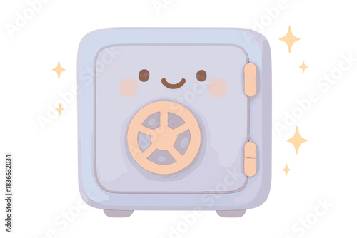 Sparkling Vault Memories. A happy vault door with tiny sparkles representing preserved memories, soft harmonious pastel palette,