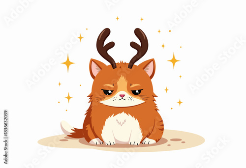 Whimsical Illustration of a Chubby Cat with Antlers Surrounded by Sparkles in a Dreamy Fantasy Scene Capturing Playful Magic