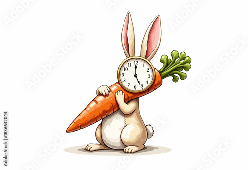 Adorable Cartoon Bunny Holding Oversized Carrot with Clock, Blending Whimsy and Time in a Playful Illustration