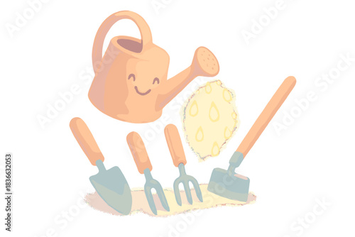 Glowing Watering Can. A smiling watering can pouring glowing droplets over future harvest tools, soft harmonious pastel palette,