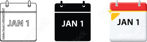 Calendar icons showing january 1st in three distinct styles: thin line outline, solid black silhouette, and vibrant colorful design with a red header, representing new beginnings and important dates. 