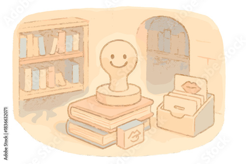 Miniature Secret Archive. A miniature secret archive scene with cheerful silence stamp, whisper catalog, and shadow shelves, soft