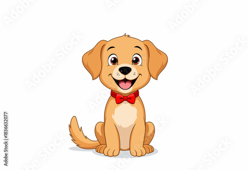 Adorable Cartoon Puppy Sitting Happily with a Red Bow Tie and Cheerful Expression Illustrating Joyful Playfulness
