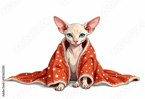 Charming Sphynx cat with striking blue eyes cozily wrapped in a plush red star-patterned blanket on a minimalist white background showcasing elegance and warmth