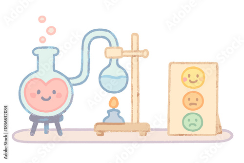 Emotional Chemistry Set. A miniature emotional chemistry scene with cheerful heart flask, distillation device, and mood table,