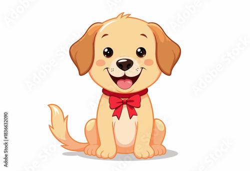 Adorable Cartoon Puppy with Red Bow Tie Sitting Happily on White Background Showcasing Cute Expression and Floppy Ears
