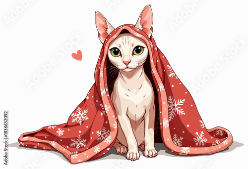 Adorable Sphinx Cat Wrapped in a Cozy Snowflake Patterned Blanket with a Heart in the Background Highlighting the Warmth and Cuteness of the Scene