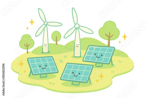 Cheerful Energy District. A playful "renewable energy" district map with happy solar panels and wind turbines, tiny sparkles