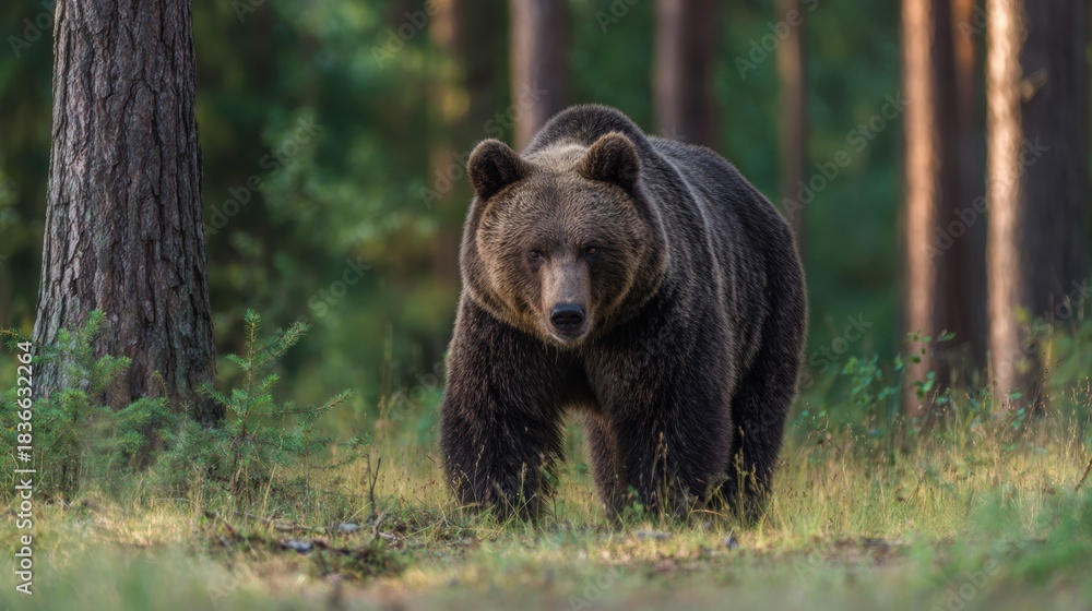Fototapeta premium Bear Walks Through Pine Forest Clearing Representing Protection and Motherhood in Slavic Traditions During Daylight Hours