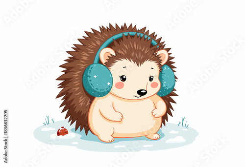 Adorable Hedgehog Wearing Cozy Ear Muffs Amidst a Wintry Scene with Scattered Snowflakes and a Tiny Red Mushroom