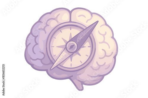 Brain Compass Rendering. a brain-shaped compass pointing toward growth and mastery zones, gentle gradient of violet and cream