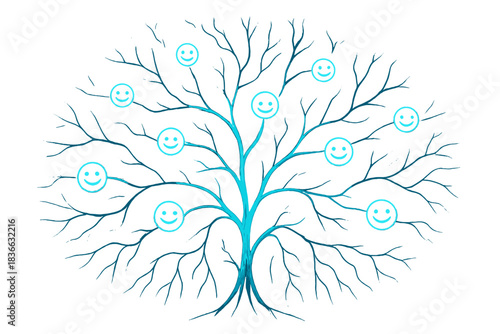 Optimized Neural Connection. a glowing neural map with branching pathways connecting smiling nodes representing optimized thought