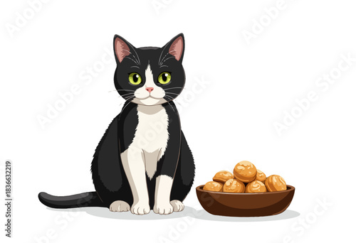 Charming Black and White Cat Sitting Calmly Beside a Bowl of Tasty Brown Cookies on a Clean White Background