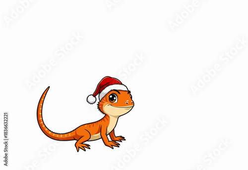 Cute Cartoon Lizard Wearing Festive Santa Hat on a White Background Celebrating Christmas in Adorable Style