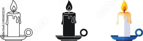 Stylized candle icons set featuring outline, solid silhouette, and flat color designs on a holder with a burning flame, perfect for modern user interface elements and various graphic design projects. 