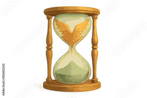 Hourglass of Transformation. a soft hourglass where the sand changes from green to golden wings as time passes, sage and amber