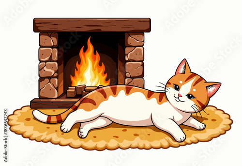 Adorable Orange and White Cat Relaxing Comfortably on Rug in Front of Cozy Fireplace with Gently Burning Fire and Stone Bricks Background