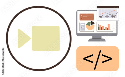 Video play button, analytics on screen with graphs, and coding symbol. Ideal for media, analytics, technology, software, data science digital marketing and innovation. Simple flat metaphor