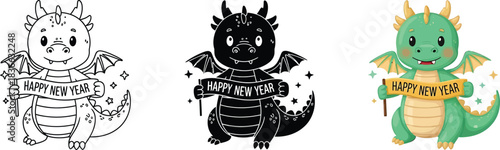 Cute green cartoon dragon illustration set for happy new year celebration, featuring a friendly mythical creature holding a festive banner in vibrant colors, line art, and silhouette styles, perfect 
